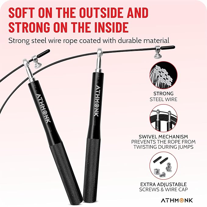 Athmonk Steel Wire High Speed Skipping Rope For Men & Women - Jumping Rope For Exercise - Metal Handle - Tangle Free 10ft Long Adjustable